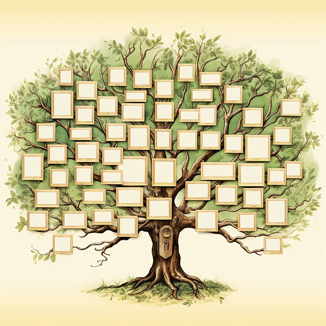 family tree graphic with tree, branches, and boxes for names