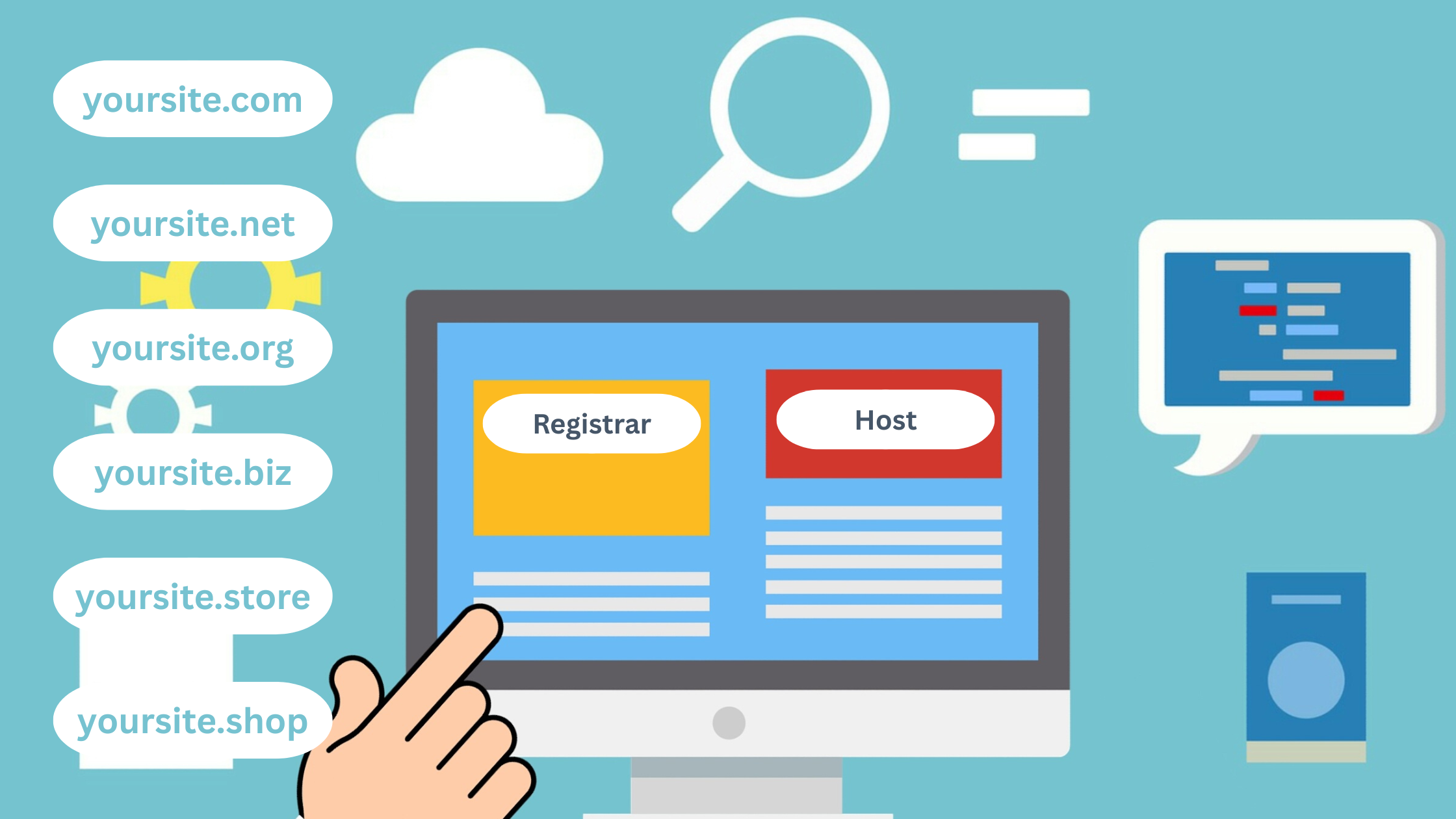 Grapic displaying registrar vs. host, blues, orange-red, and yellow
